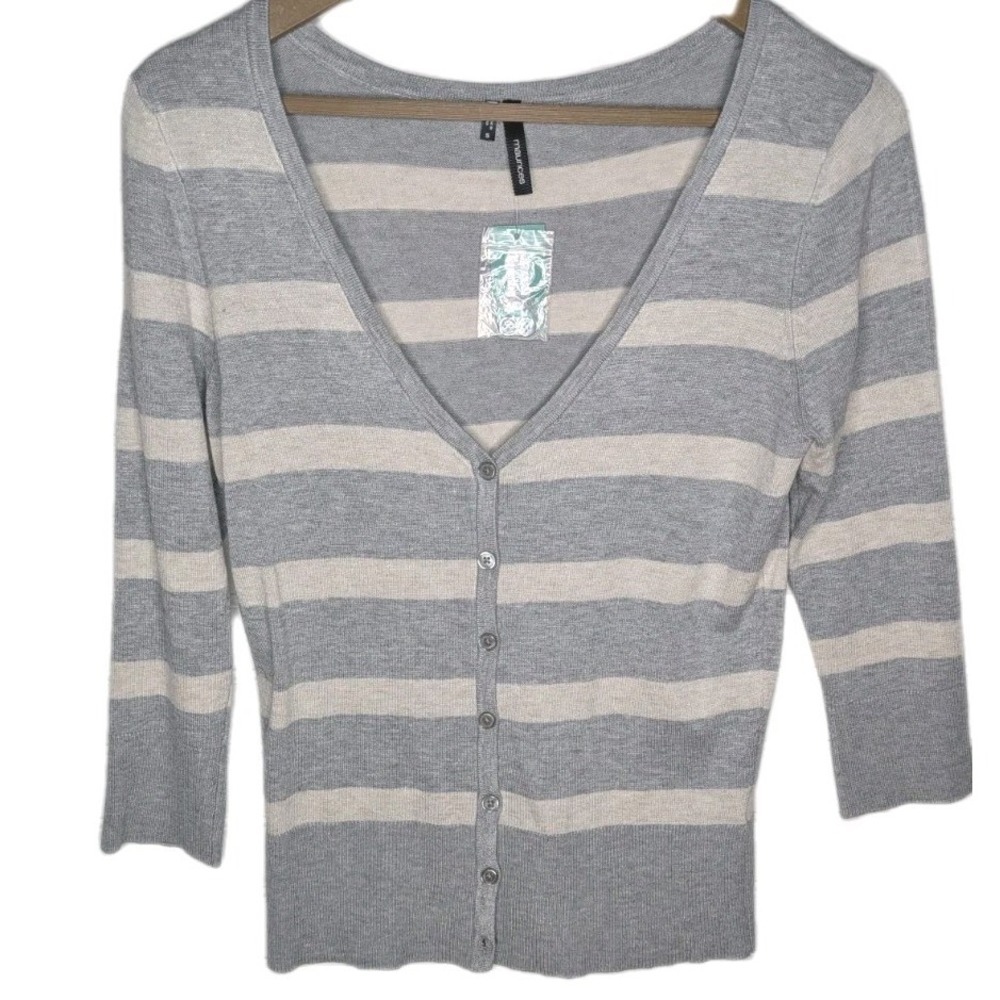 Maurices Womens Cardigan Sweater NWT Small White Gray Striped Stretchy Button Up